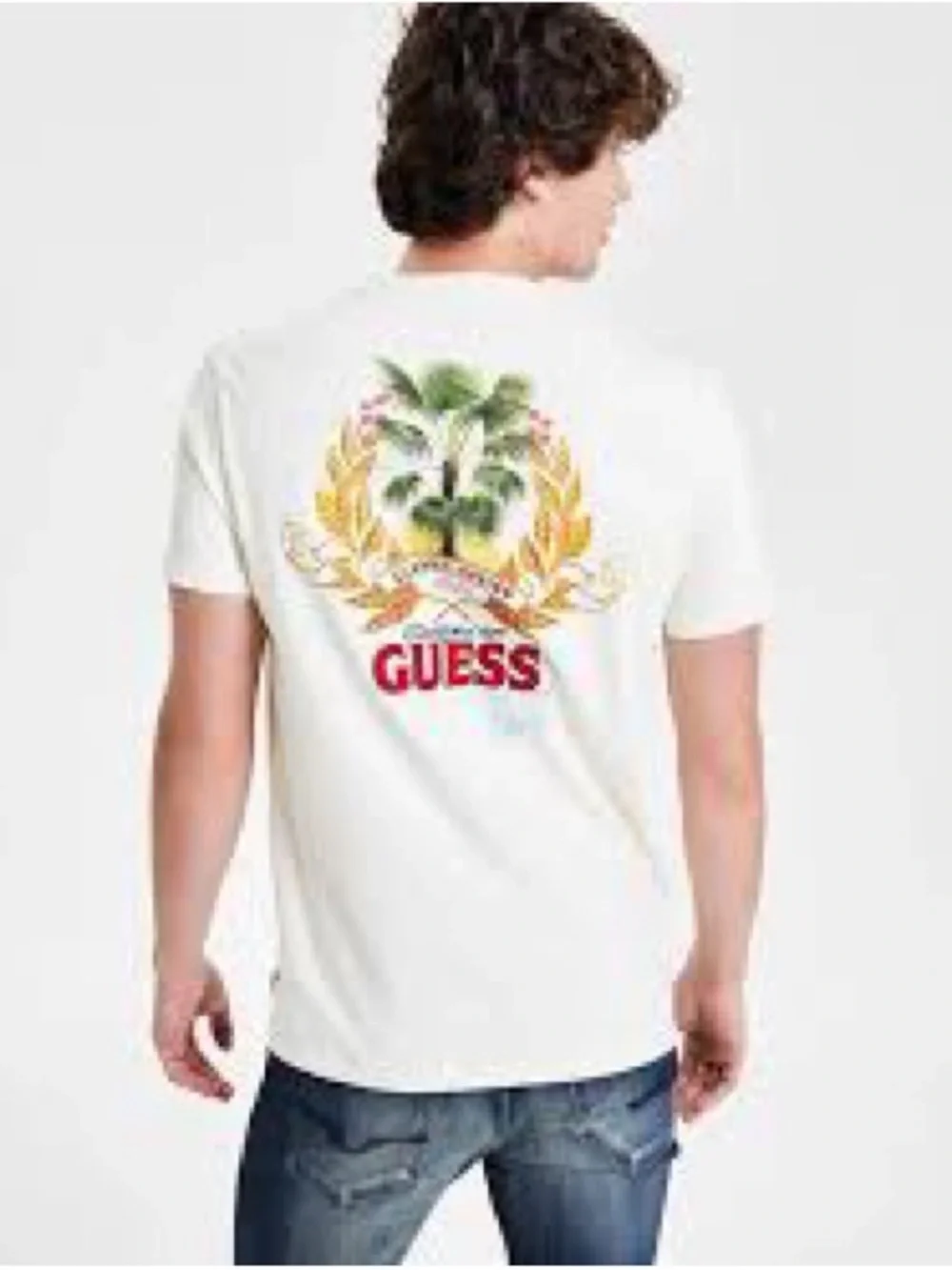 New GUESS White Short-Sleeve Tee with Tropical Crest Graphic SZ L - Picture 2 of 9